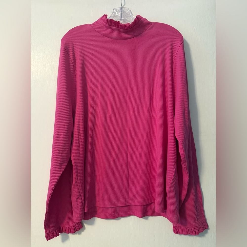 J.Crew Bright Pink Ribbed Long Sleeve Top Turtleneck 3X Ruffle Cute Prep Plus